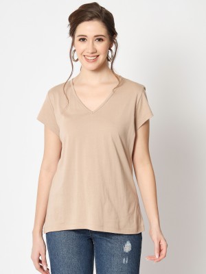 CHARMGAL Solid Women V Neck Brown T-Shirt