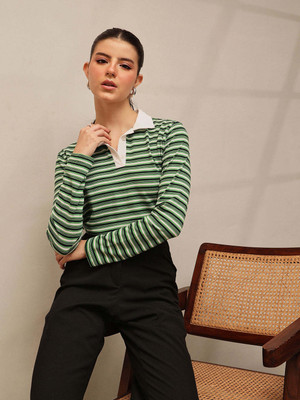 STREET9 Solid Women Polo Neck Green, Black T-Shirt
