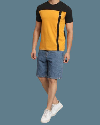 EMERALD Colorblock Men Round Neck Yellow T-Shirt