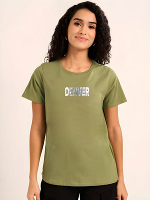 SZN Typography Women Round Neck Green T-Shirt