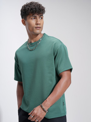 HIGHLANDER Self Design Men Round Neck Green T-Shirt