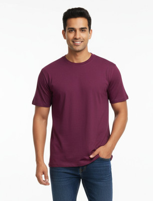 Estixx Solid Men Round Neck Maroon T-Shirt