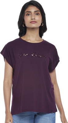 SF Jeans by Pantaloons Printed Women Round Neck Purple T-Shirt