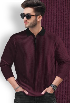 TRIPR Self Design Men Polo Neck Maroon T-Shirt