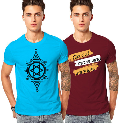 FADMARK Printed Men Round Neck Blue, Maroon T-Shirt
