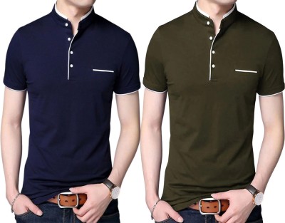 Style Pitara Solid Men Mandarin Collar Dark Blue, Dark Green T-Shirt