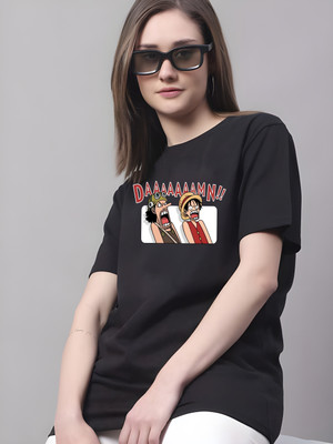 Kaido Graphic Print Women Round Neck Black T-Shirt
