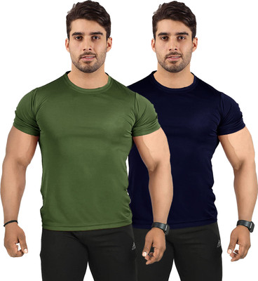 UDI n ADI Solid Men Round Neck Dark Blue, Dark Green T-Shirt