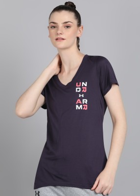 UNDER ARMOUR Printed Women V Neck Purple T-Shirt