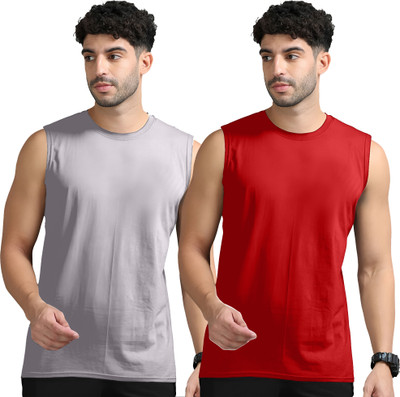 Jangoboy Solid Men Round Neck Grey, Red T-Shirt