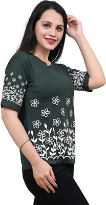 Yunic29 Casual Floral Print Women Dark Green Top
