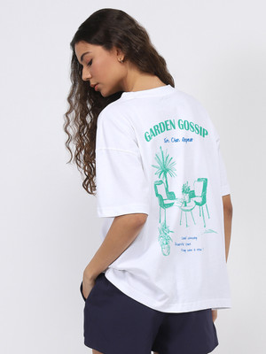 NOBERO Graphic Print Women Round Neck White T-Shirt
