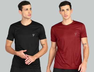 Fricker Solid Men Round Neck Black, Maroon T-Shirt