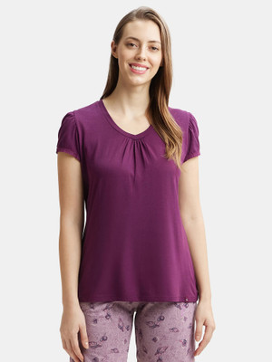 JOCKEY Solid Women V Neck Purple T-Shirt