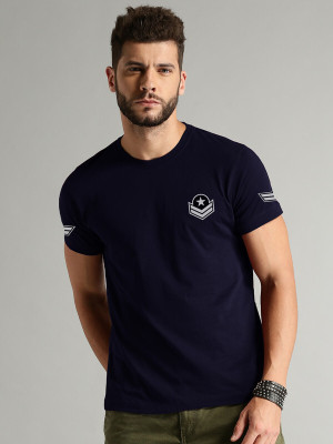 LazyChunks Solid Men Round Neck Navy Blue T-Shirt