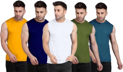 Think Tech Solid Men Round Neck Yellow, Dark Blue, White, Dark Green, Blue T-Shirt