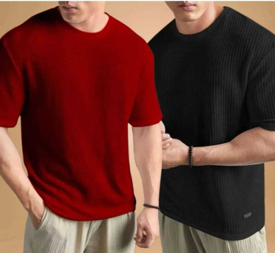 BOOM BAAM Self Design Men Round Neck Red, Black T-Shirt