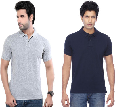 FUNKY GUYS Solid Men Polo Neck Grey, Blue T-Shirt