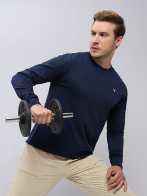 TECHNOSPORT Solid Men Round Neck Navy Blue T-Shirt