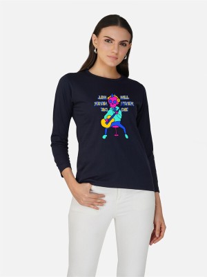 CHOZI Printed, Typography Women Round Neck Dark Blue T-Shirt