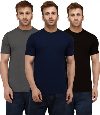 Brainbees Solid Men Round Neck Black, Dark Blue, Grey T-Shirt