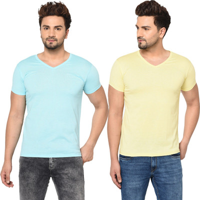JB Jangoboy Solid Men V Neck Light Blue, Yellow T-Shirt