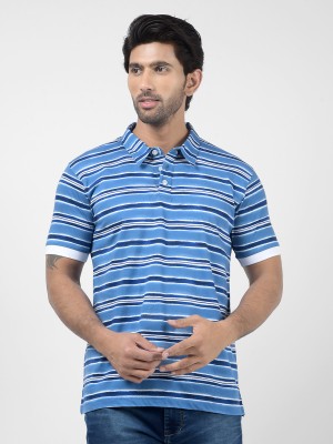 NUMERO UNO Striped Men Polo Neck Blue T-Shirt