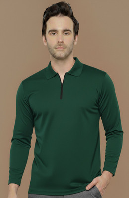 Jangoboy Solid Men Polo Neck Dark Green T-Shirt