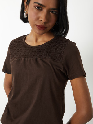 MAX Self Design Women Round Neck Brown T-Shirt