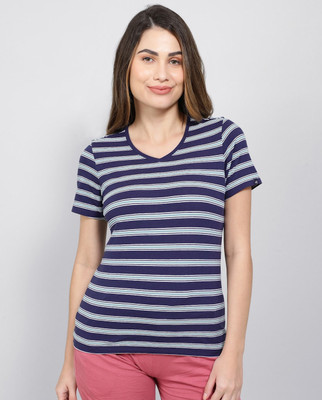 JOCKEY Striped Women V Neck Blue T-Shirt