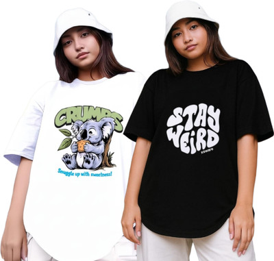 R S Fashion Printed Women Round Neck White, Black T-Shirt