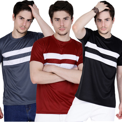 BLACK COOL Striped Men Round Neck Grey, Maroon, Black T-Shirt