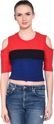 GEUM Striped Women Round Neck Red, Blue, Black T-Shirt