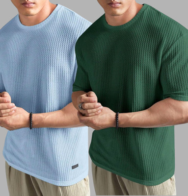 Lets Create Self Design Men Round Neck Dark Green, Blue T-Shirt