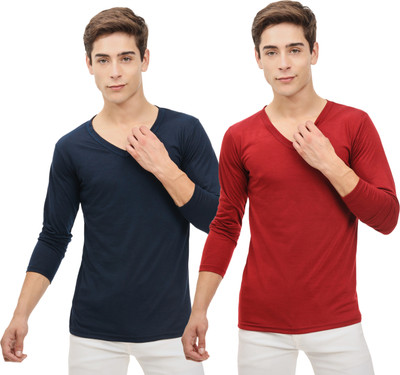 TheNixon Solid Men V Neck Dark Blue, Maroon T-Shirt