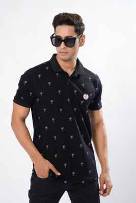 Royaltail Printed Men Polo Neck Navy Blue T-Shirt