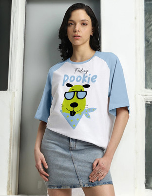 JUNEBERRY Printed Women Round Neck Blue, White T-Shirt