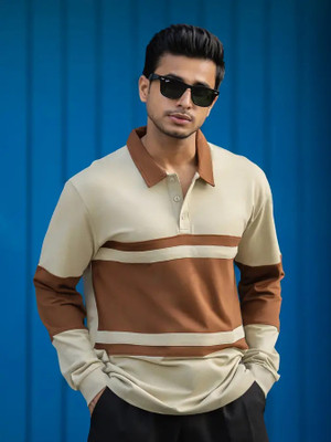 MANIAC Colorblock Men Polo Neck Beige T-Shirt