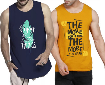 WOOSTRO Printed Men Round Neck Navy Blue, Yellow, White T-Shirt