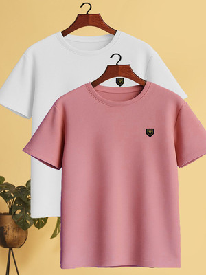 Yazole Solid Men Round Neck Pink, White T-Shirt