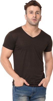 Moordale Fab Solid Men V Neck Brown T-Shirt