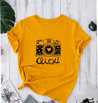 Afalusz Printed, Typography Women Round Neck Gold T-Shirt