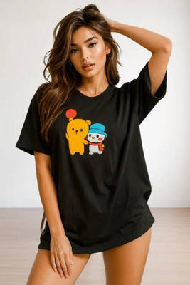 Parth Fashion Printed Women Round Neck Black T-Shirt