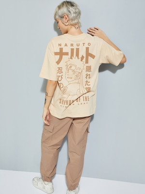 MAX Printed Women Round Neck Beige T-Shirt