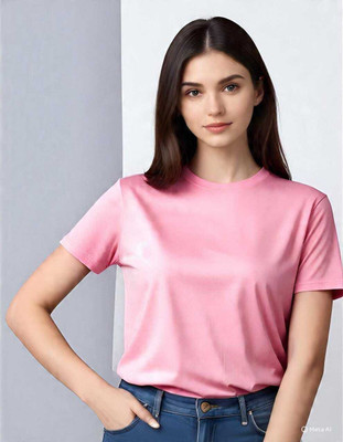 HouseOfCommon Solid Women Round Neck Pink T-Shirt