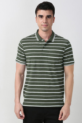 PETER ENGLAND Striped Men Polo Neck Green T-Shirt