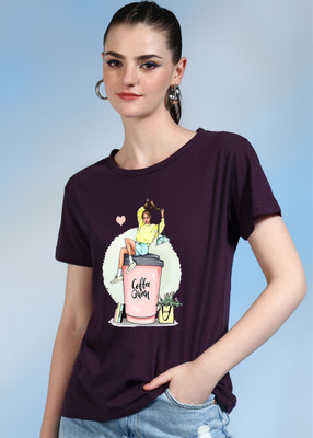 Moda Rapido Printed Women Round Neck Purple T-Shirt