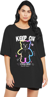 Peach Blossom Printed, Typography Women Round Neck Black T-Shirt