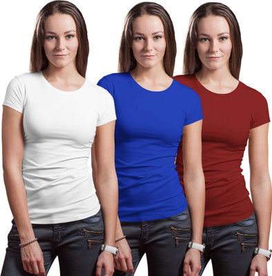 Stylewill Solid Women Round Neck White, Blue, Maroon T-Shirt