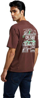 Glitchez Printed Men Round Neck Brown T-Shirt